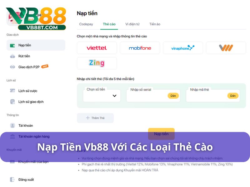 Nạp tiền Vb88 với thẻ cào