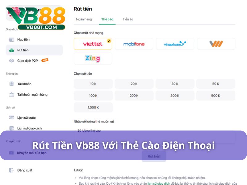 Rút tiền Vb88 bằng thẻ cào